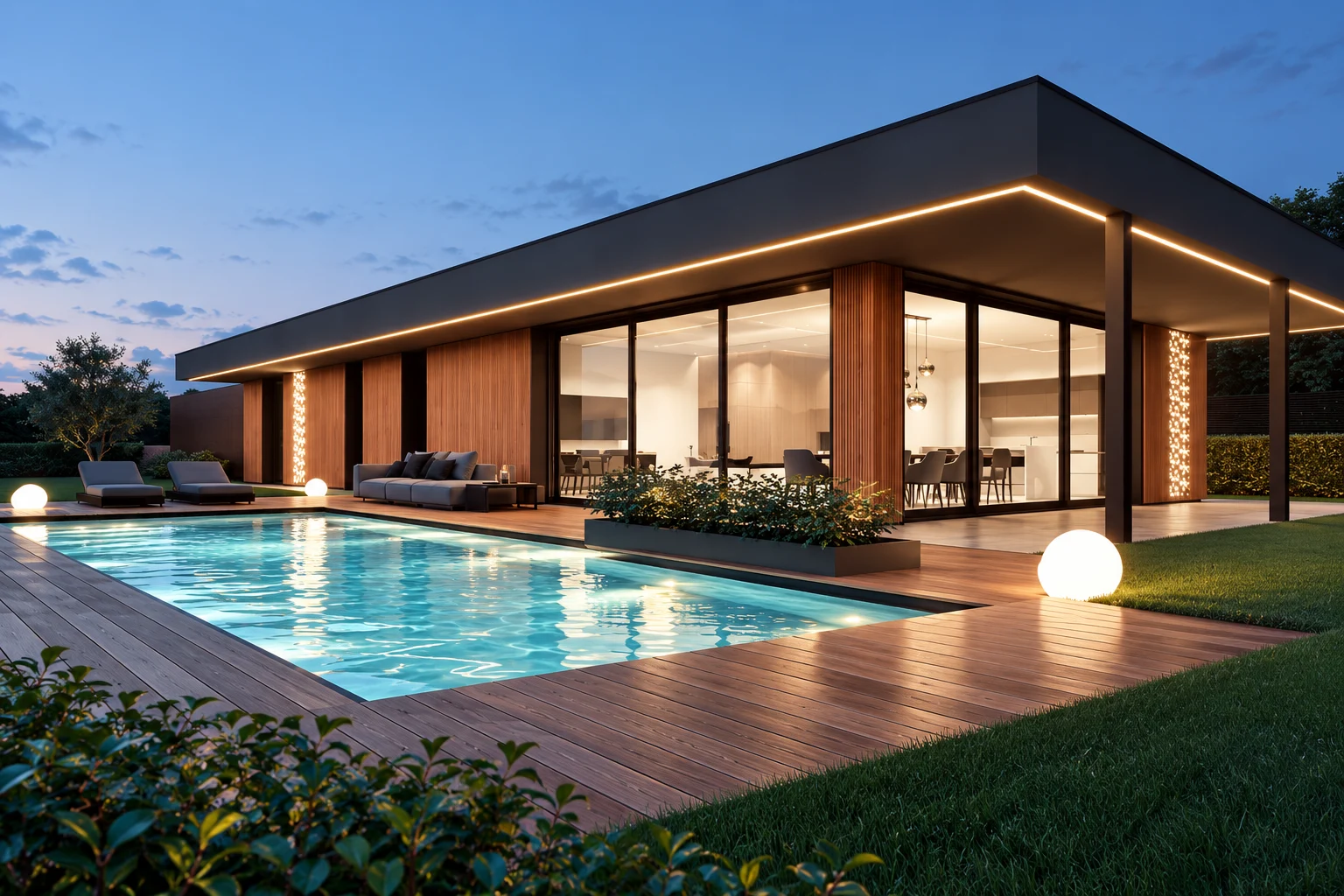 Intervento a Cantù · Villa e piscina — rielaborazione AI da render · rielaborazione illustrativa